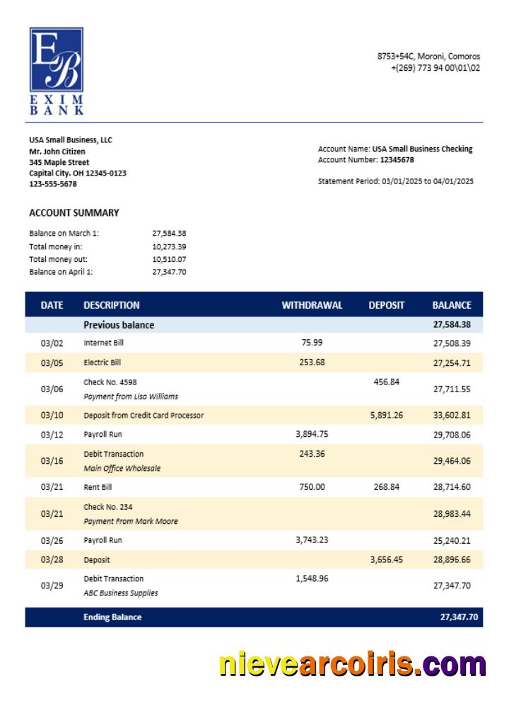 Comoran Exim bank enterprise account statement